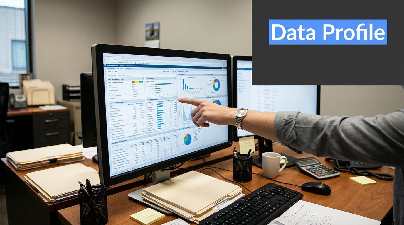 A professional analyzing insurance cost data on a computer screen in an office workspace setting.