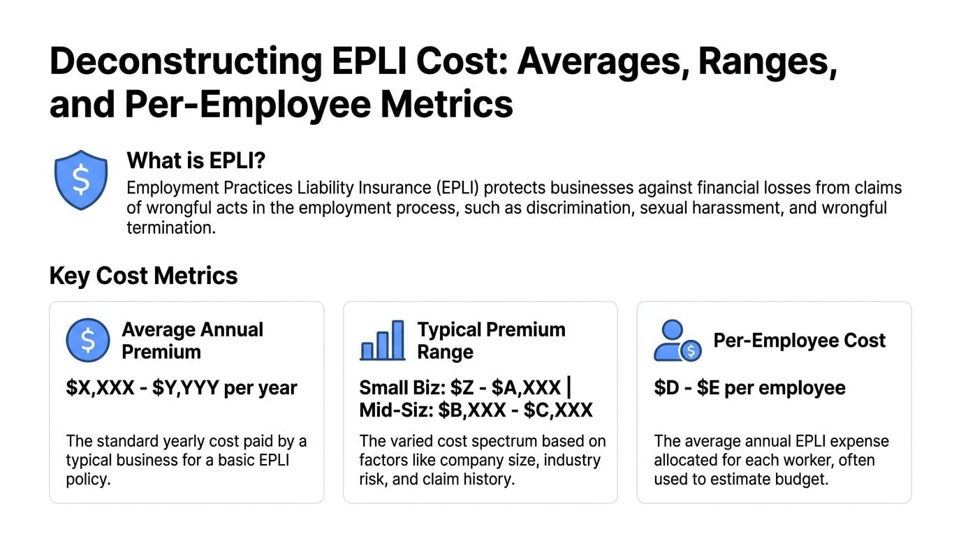 An infographic titled Deconstructing EPLI Cost explaining Employment Practices Liability Insurance and its key financial metrics.