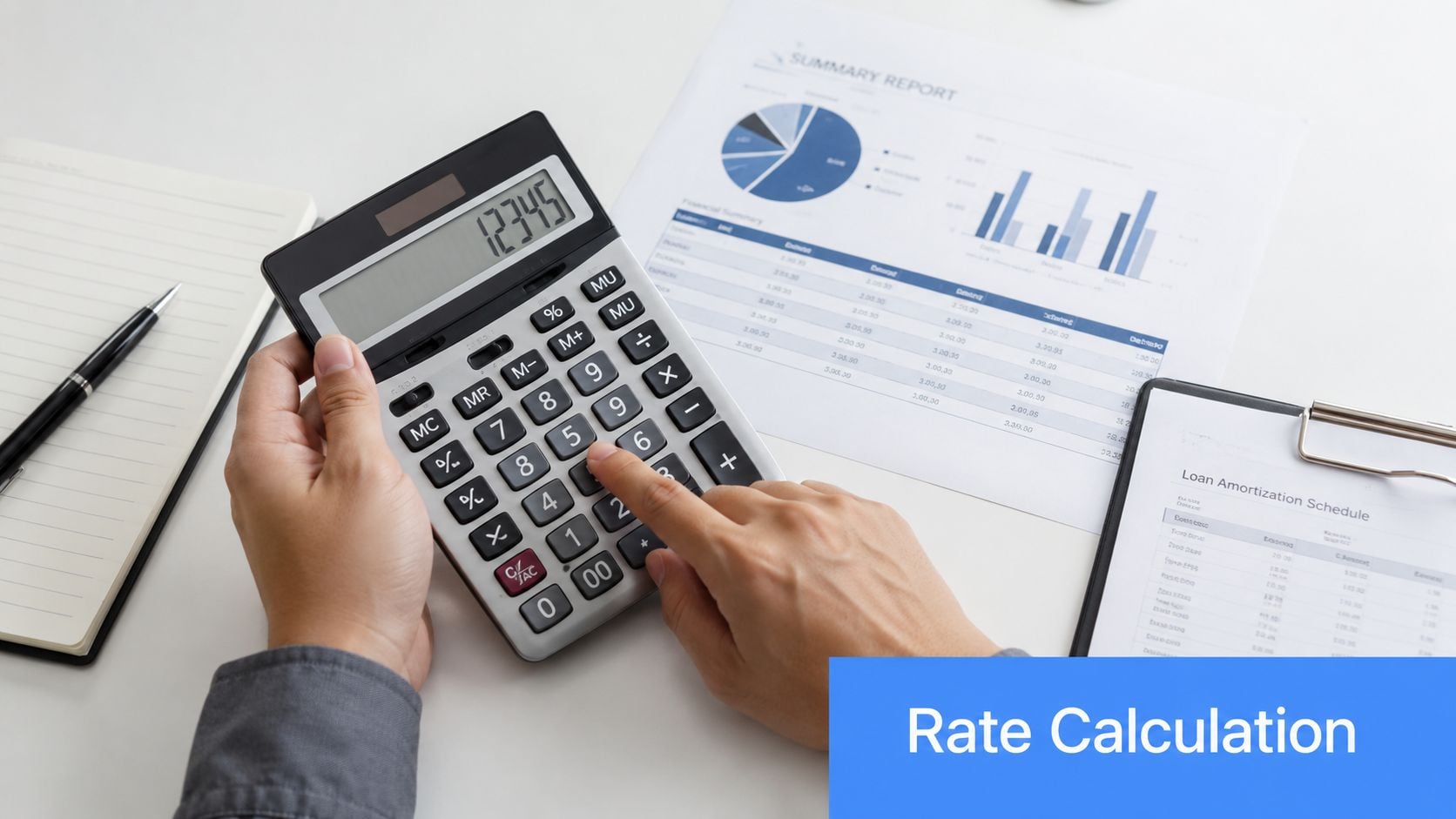 A professional analyzing financial reports and performing rate calculations using a calculator on a desk.