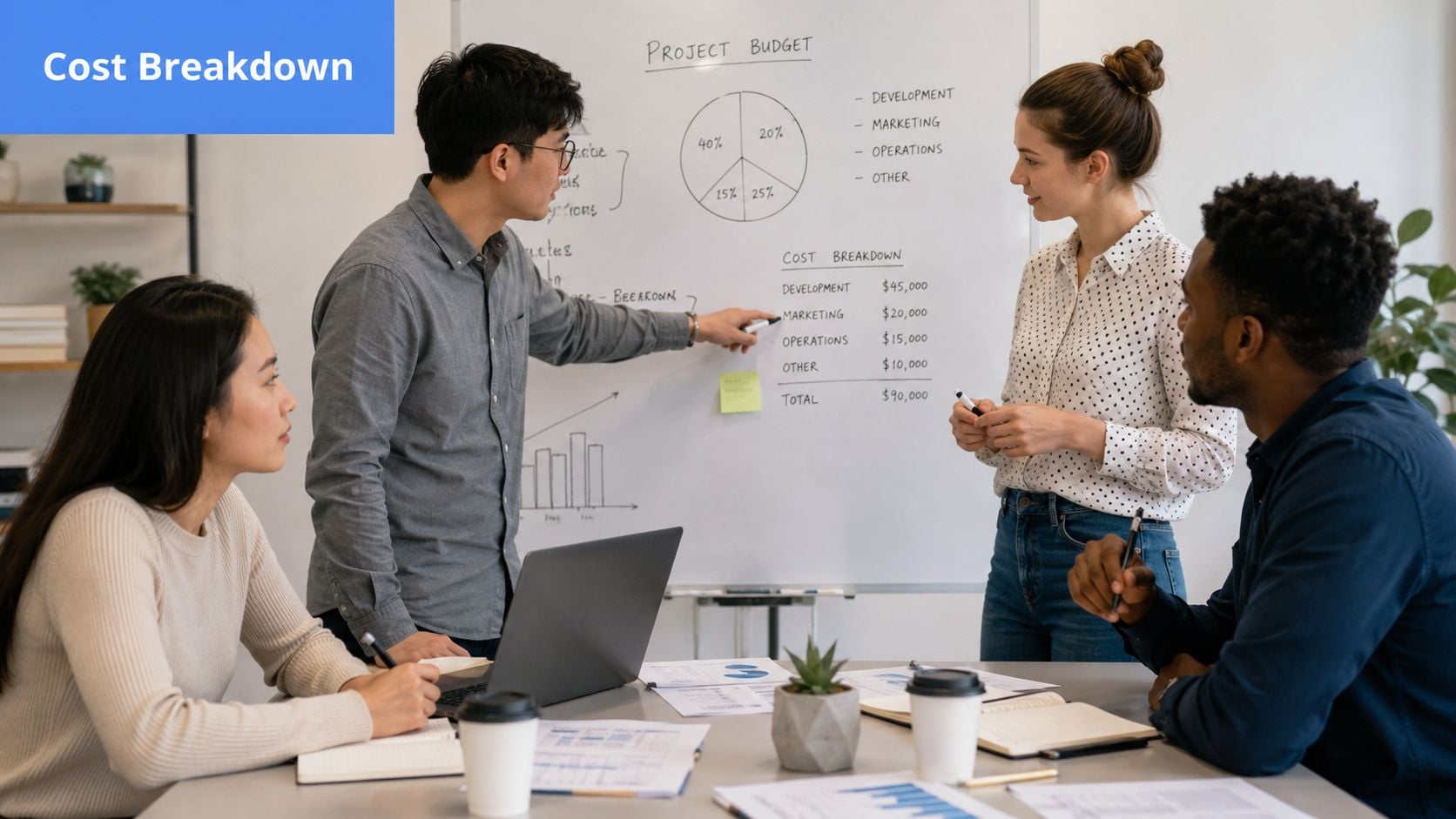 A diverse team of professionals collaboratively analyzing project budget statistics on a whiteboard during a business meeting.