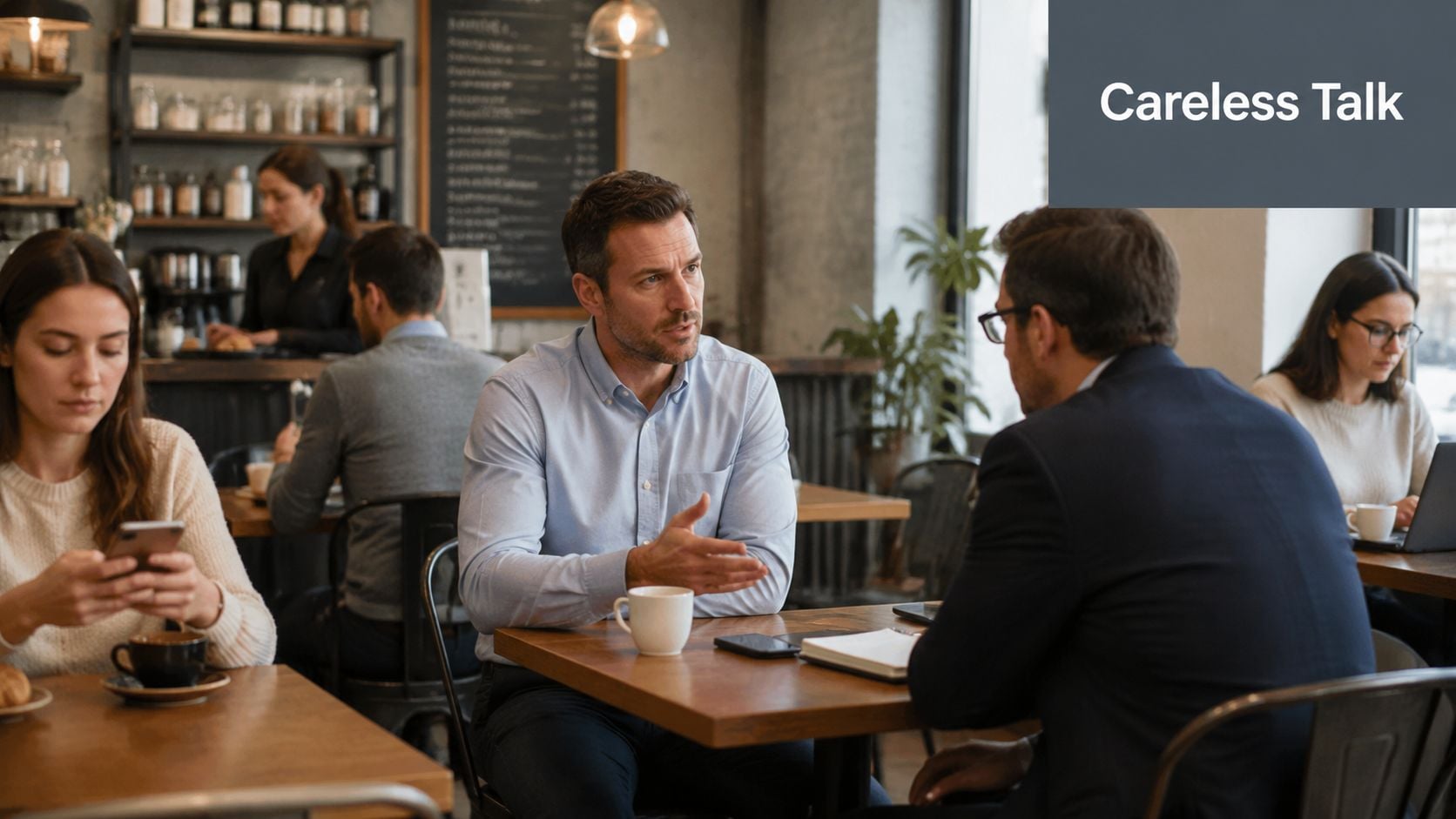 Two professional men having a serious conversation at a coffee shop table during a business meeting.