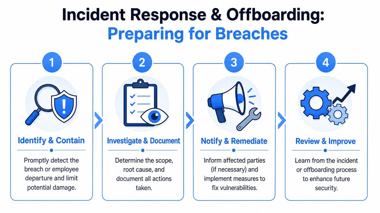 A four-step infographic illustrating the process of incident response and employee offboarding for security purposes.