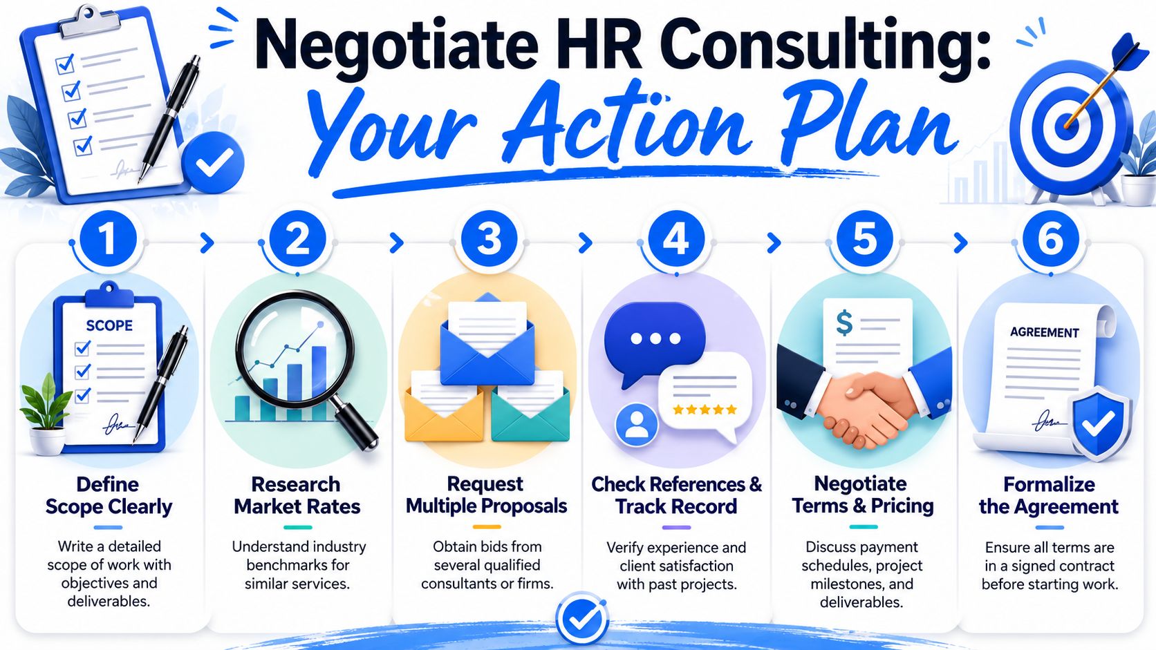 A six-step infographic guide illustrating the process of negotiating professional HR consulting services and pricing.