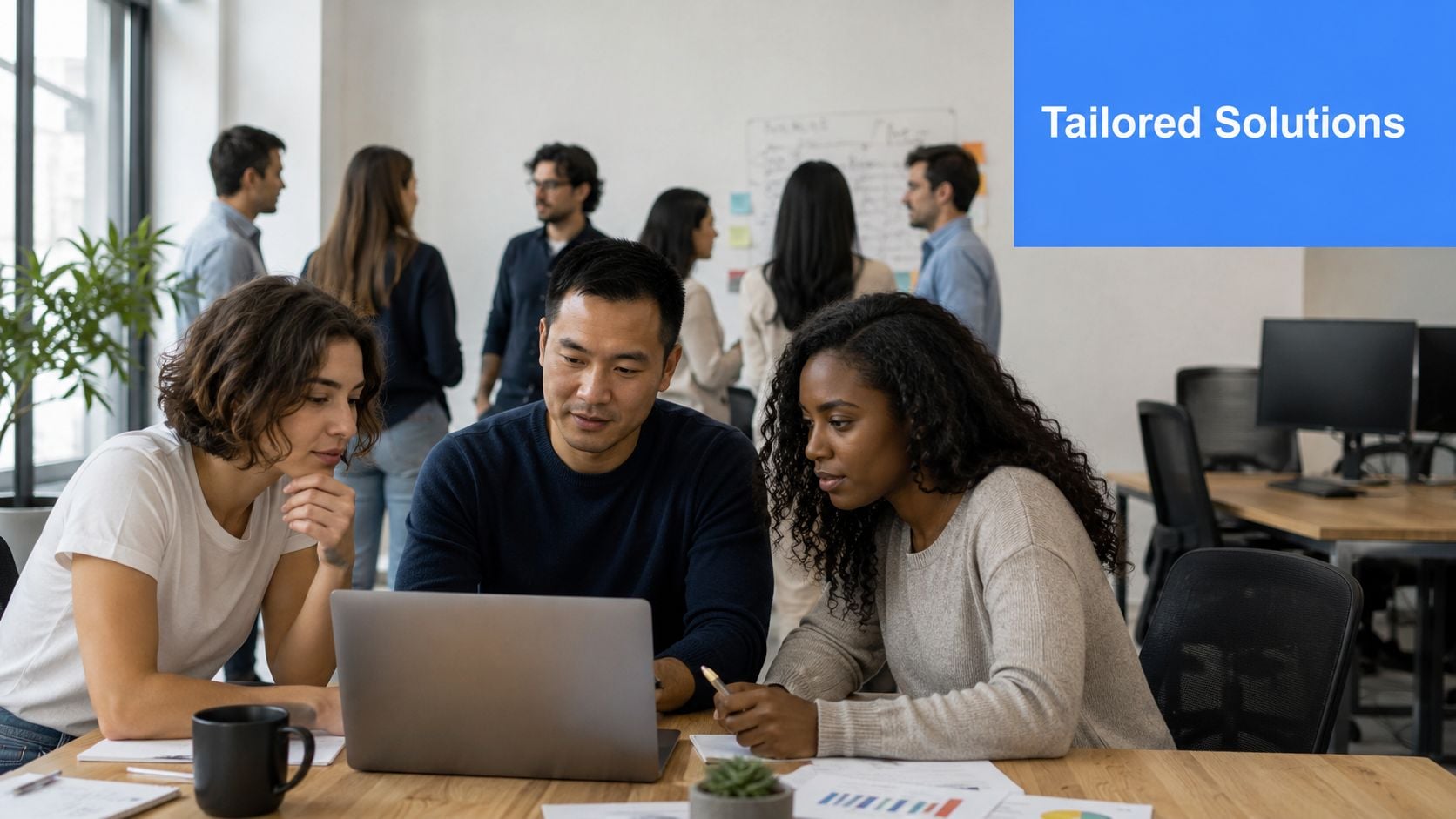 A diverse group of professionals collaborating together in an office setting around a laptop to develop tailored solutions.