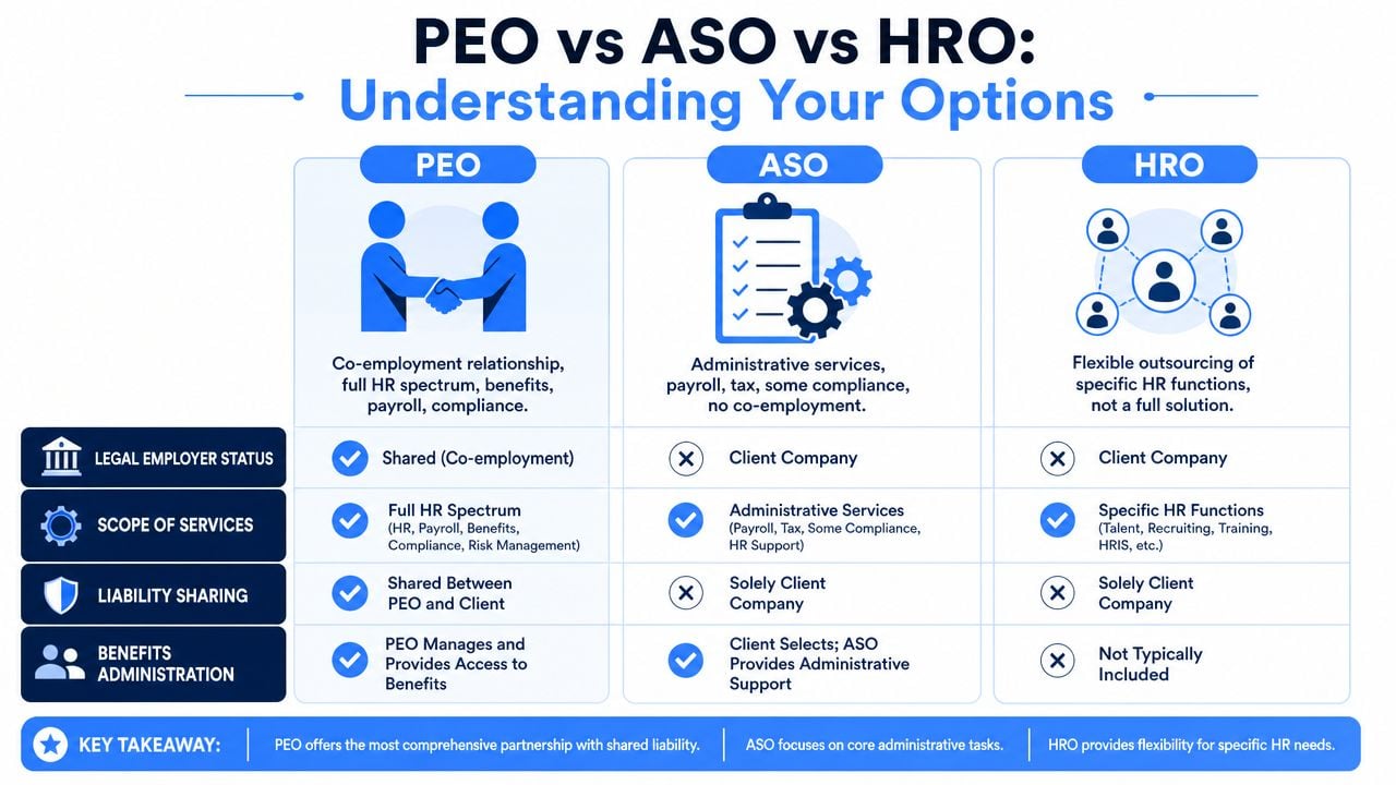 A comparison chart outlining the differences between PEO, ASO, and HRO services for human resources management.