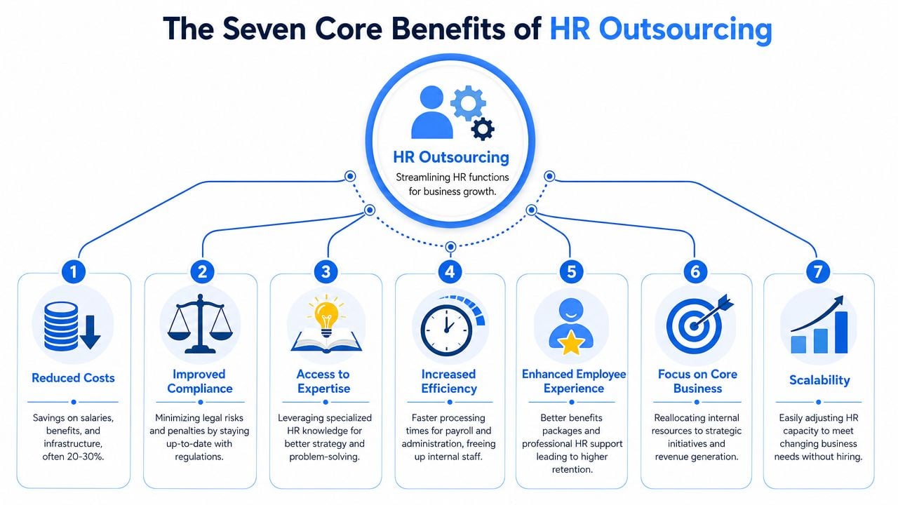 A diagram outlining the seven key benefits of HR outsourcing including cost reduction, compliance, and operational efficiency.