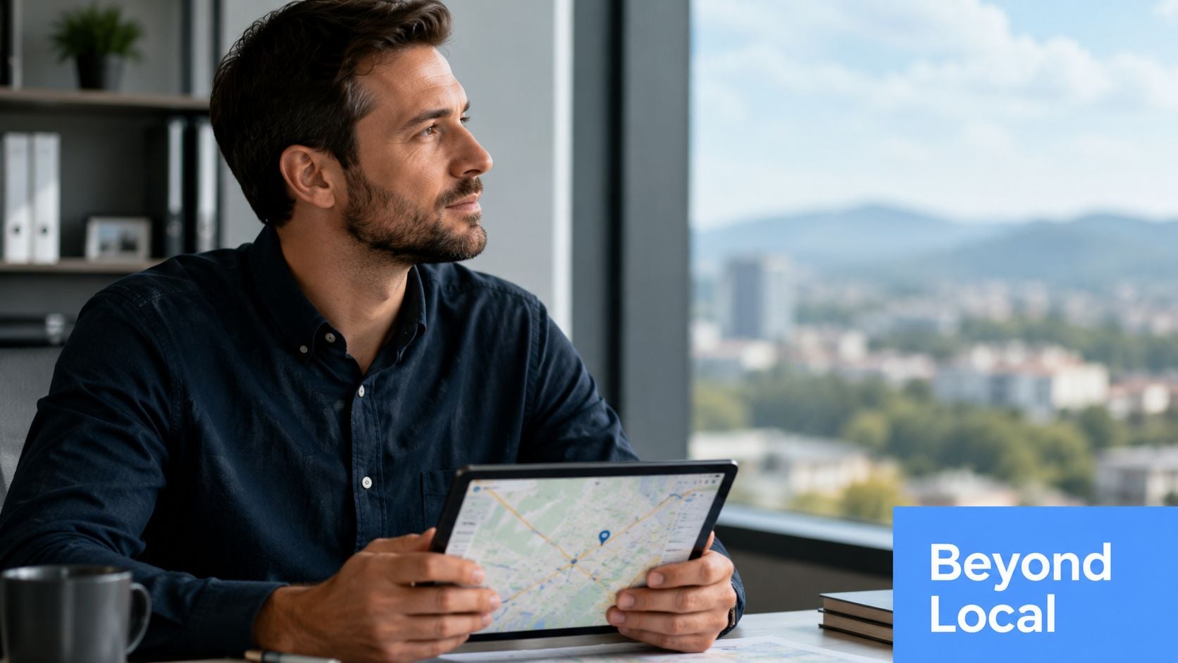 A professional man looking out an office window while holding a tablet with a digital map display.