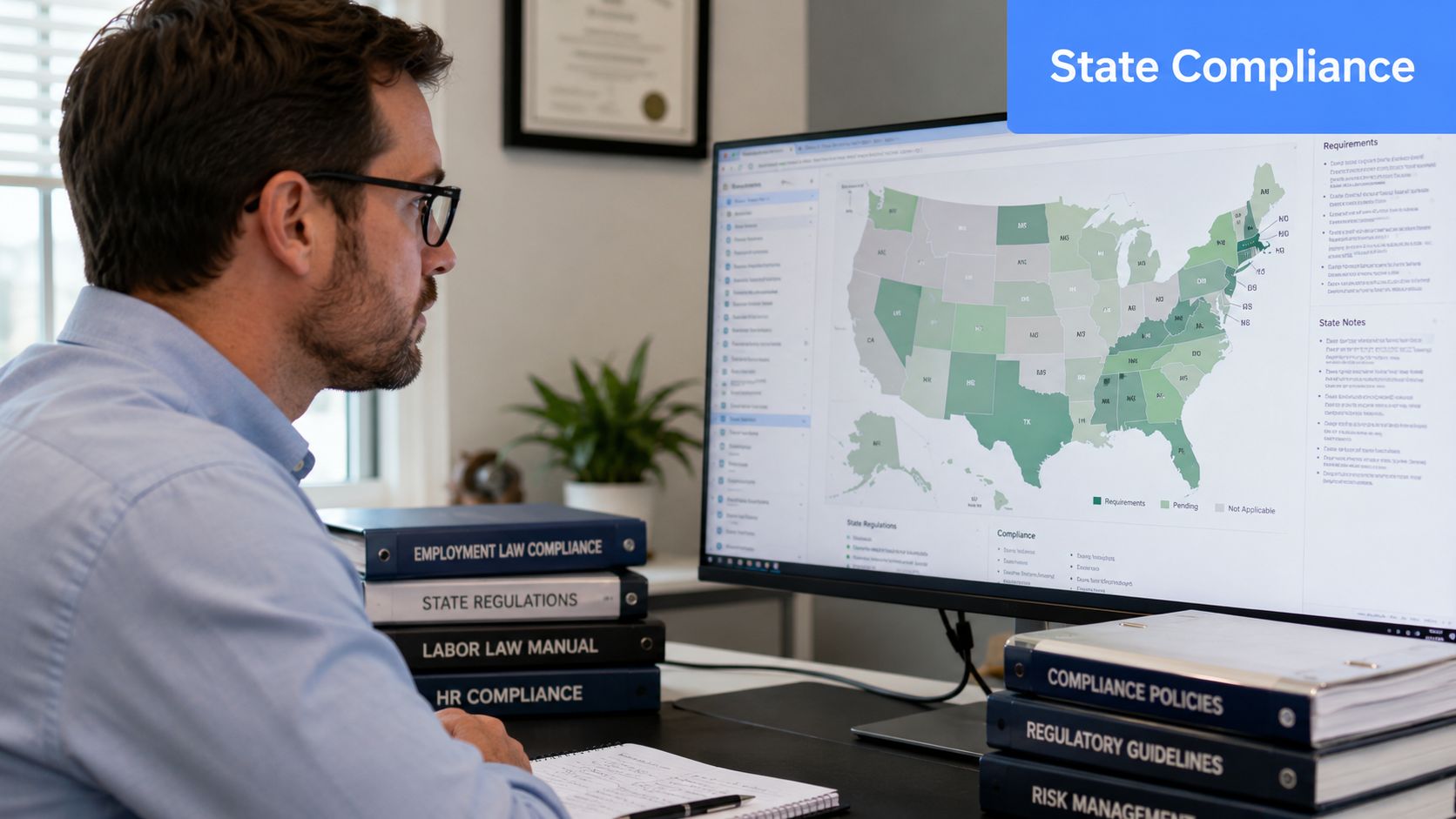 A professional analyzing state compliance and human resources labor law regulations on a computer screen in an office.