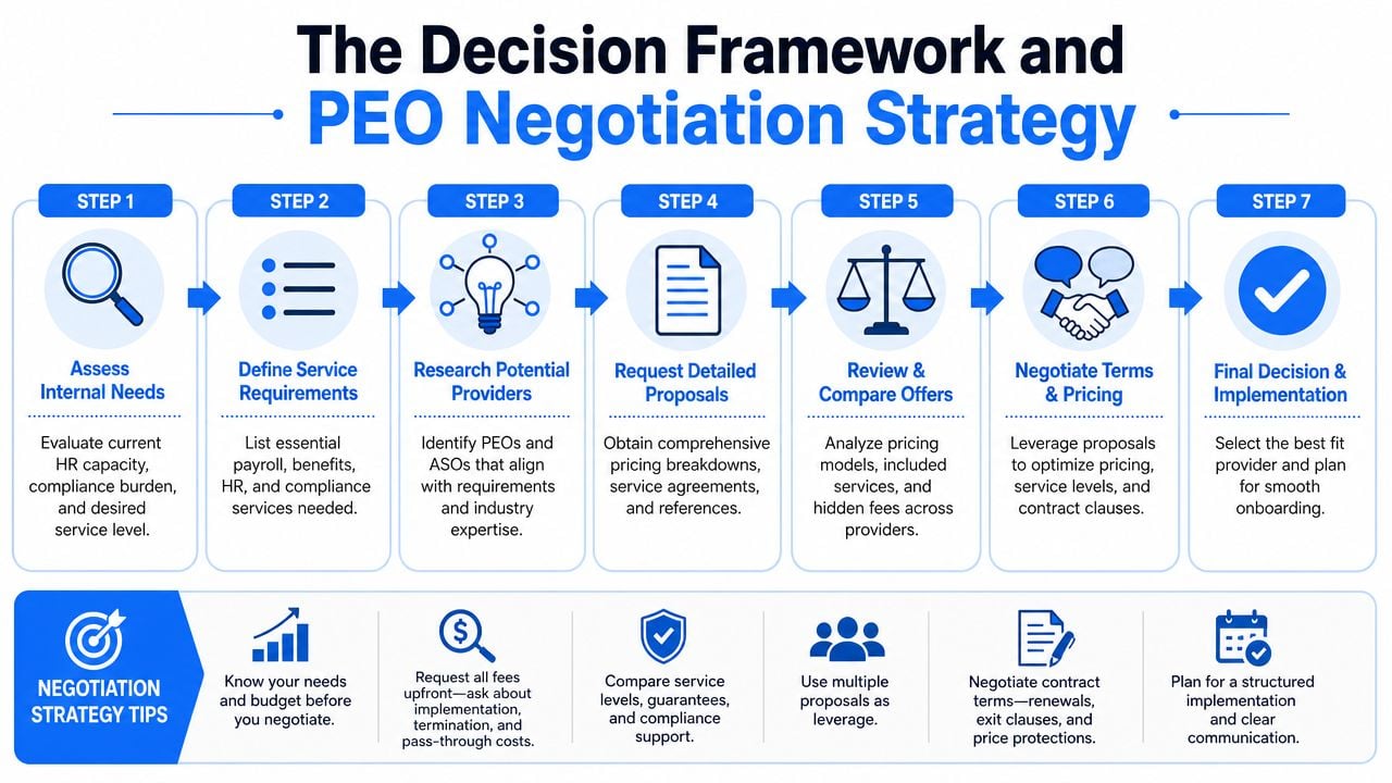 A flowchart showing the seven steps for PEO negotiation strategy and helpful tips for HR professionals.