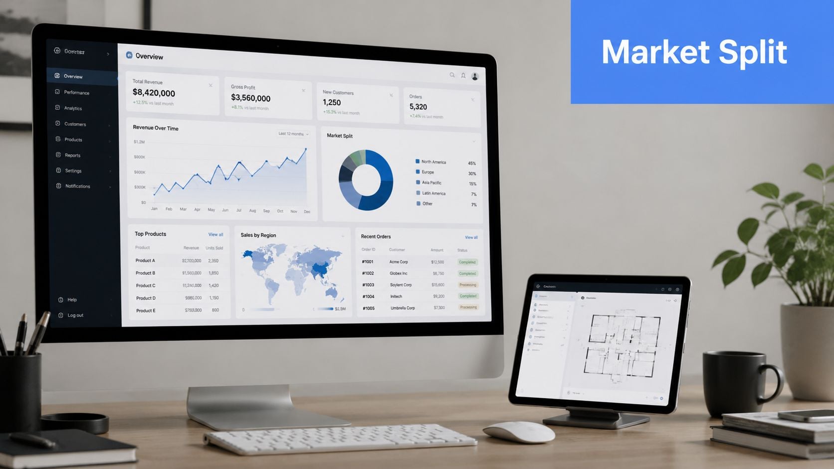 A professional desk workspace featuring a large monitor displaying a business analytics dashboard and a small tablet.