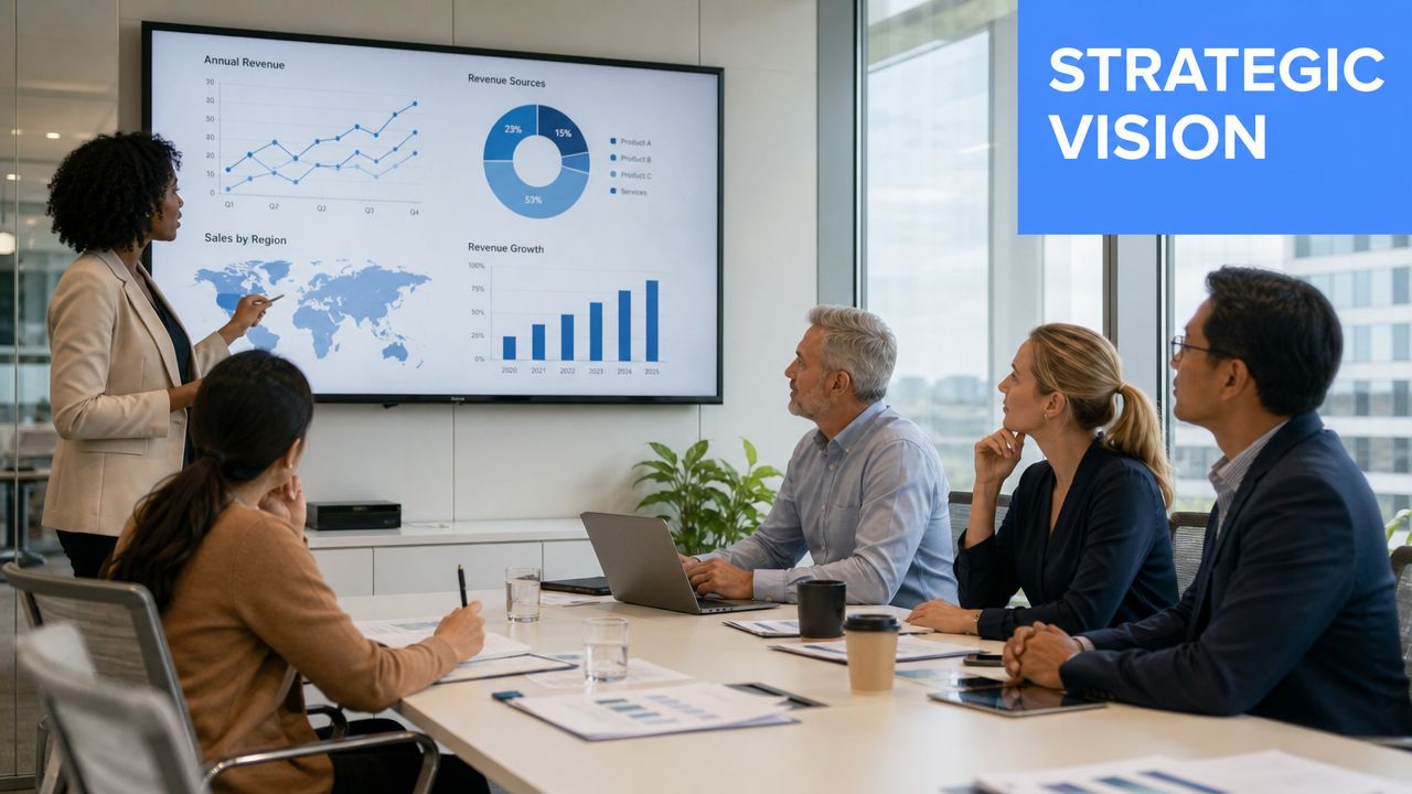 A professional woman presenting financial growth data and business charts to a team in an office.