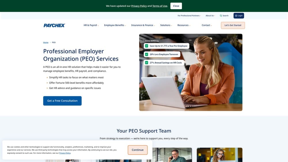 Screenshot of Paychex PEO website