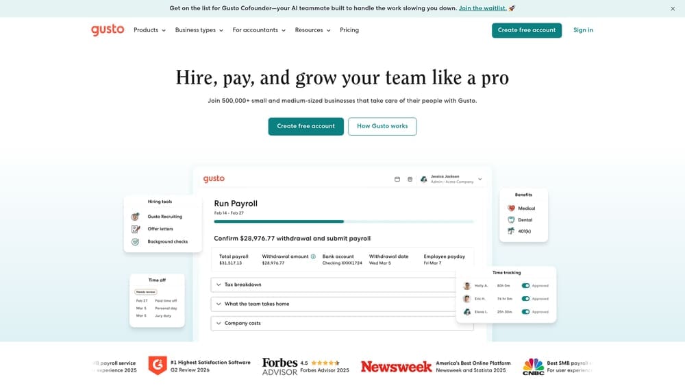 Screenshot of Gusto website