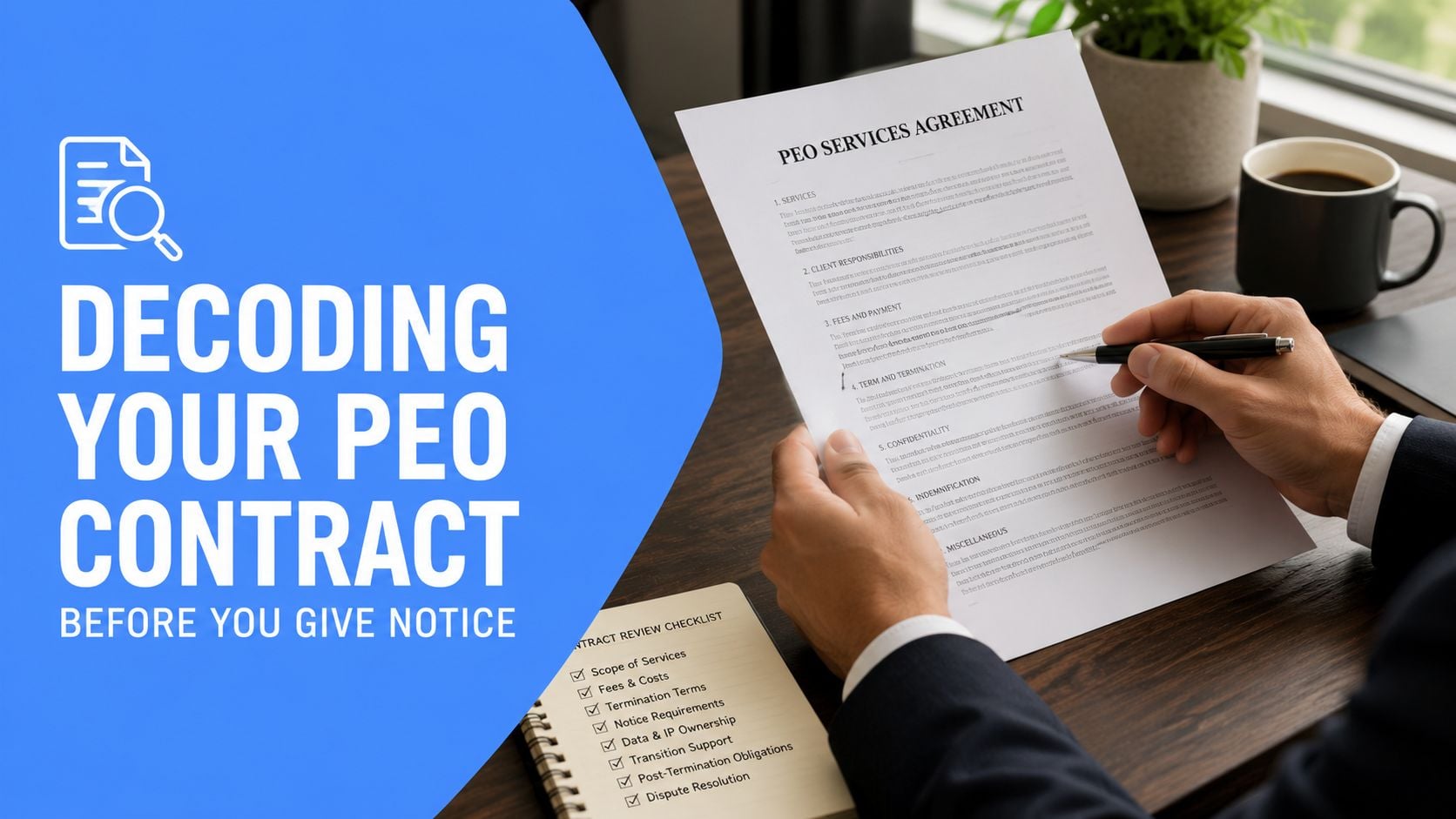 A professional reviewing a PEO services agreement and a checklist before providing termination notice to their provider.