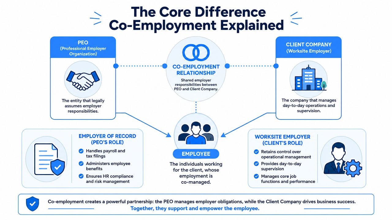A diagram explaining the co-employment relationship between a Professional Employer Organization and a Client Company for employees.