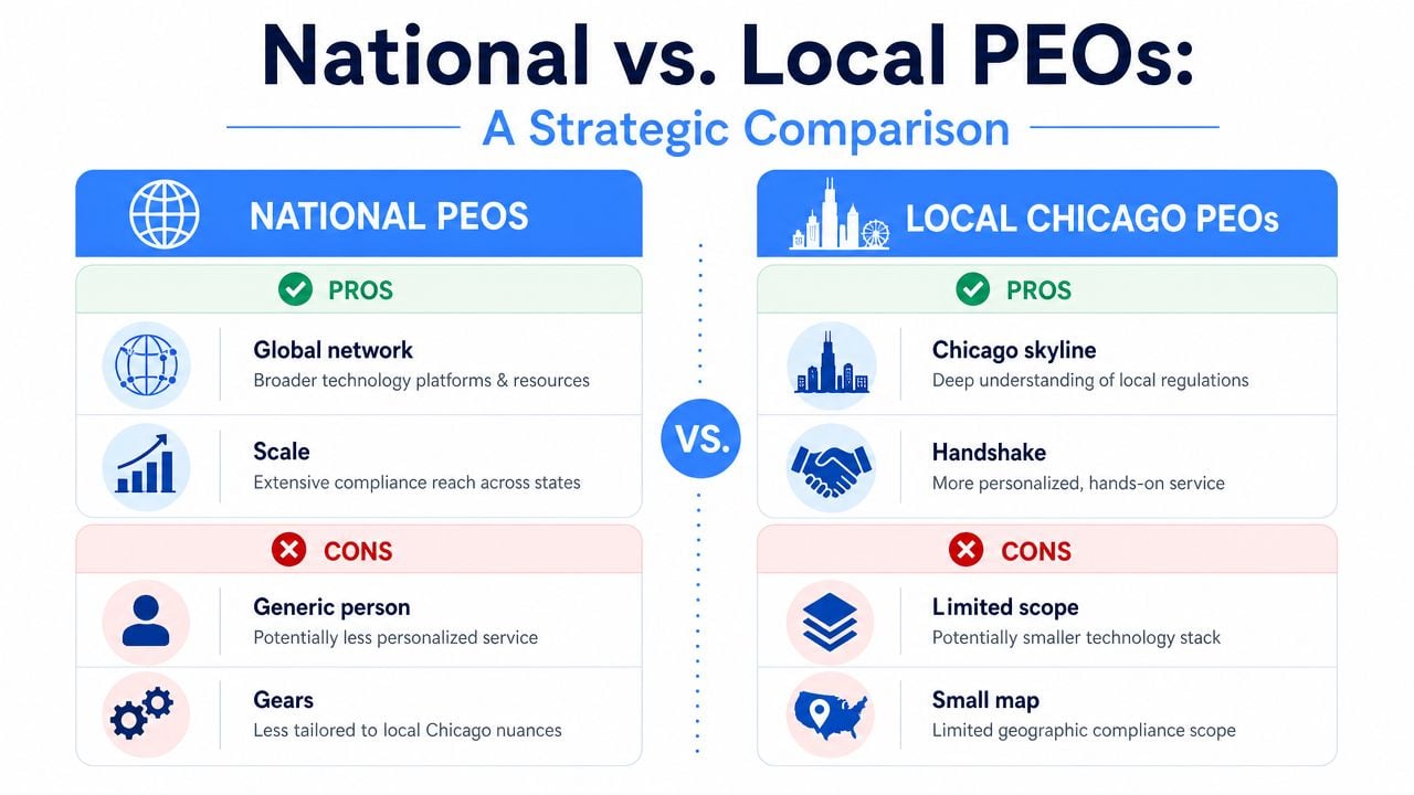 A comparison chart outlining the pros and cons of national versus local Chicago professional employer organizations.
