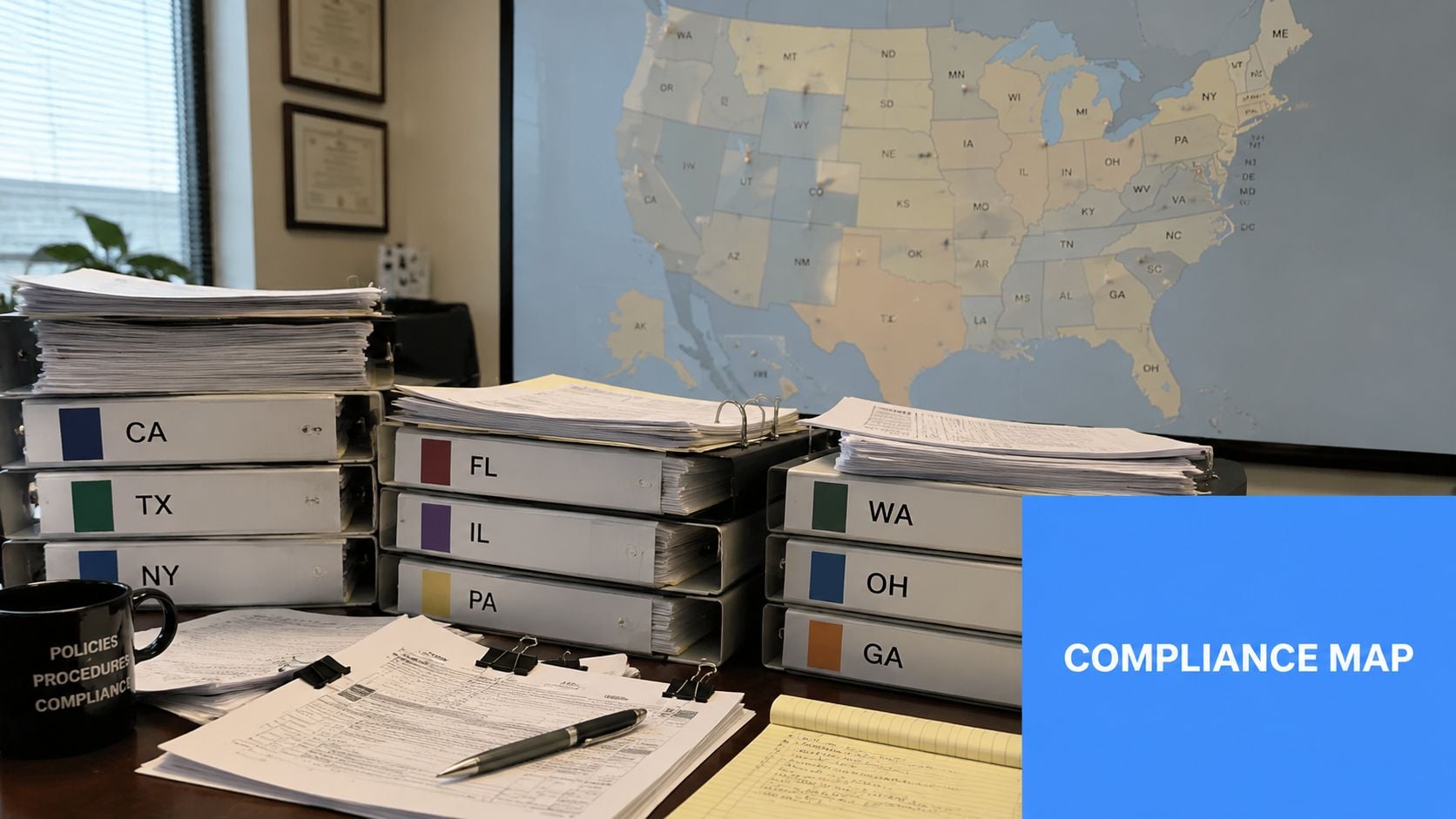 Stacks of labeled binders and legal documents on a desk in front of a United States map.