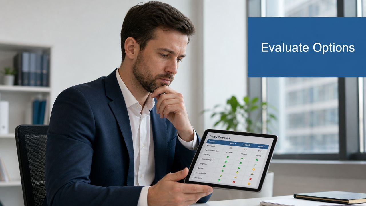 A professional man in a suit reviewing a business feature comparison chart on a digital tablet.