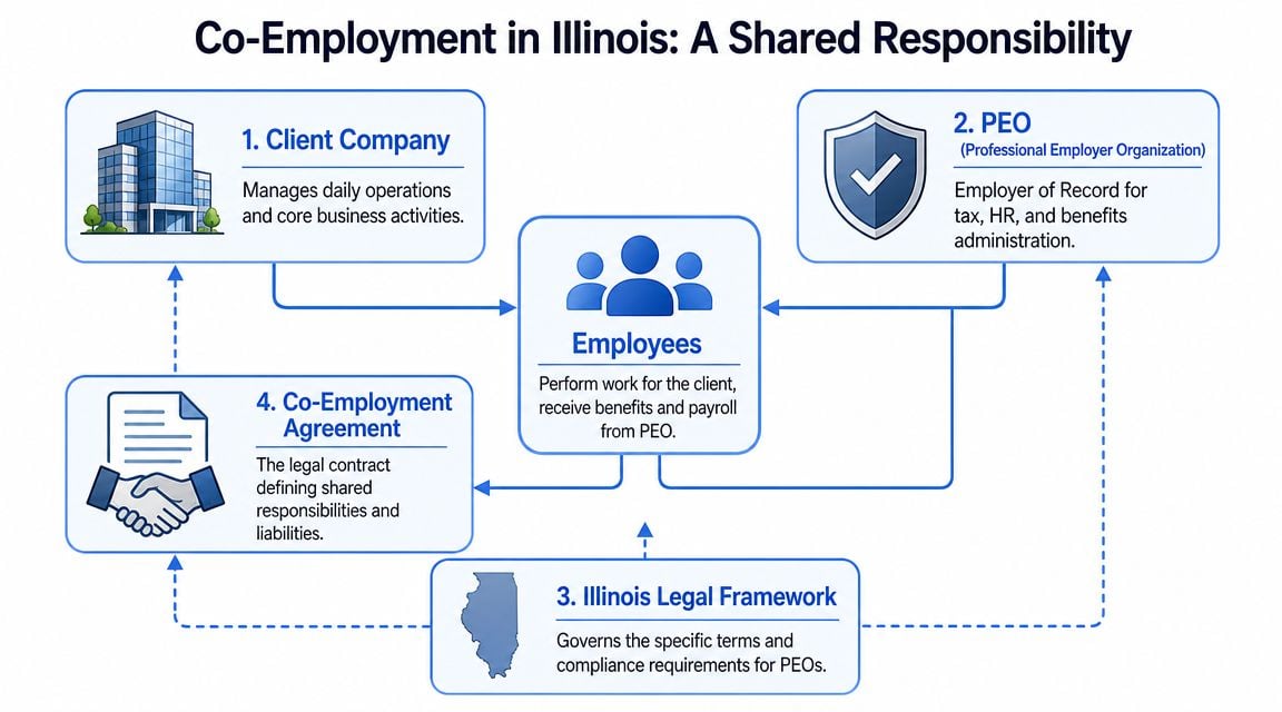 A diagram explaining co-employment in Illinois involving the client company, PEO, employees, and legal agreements.