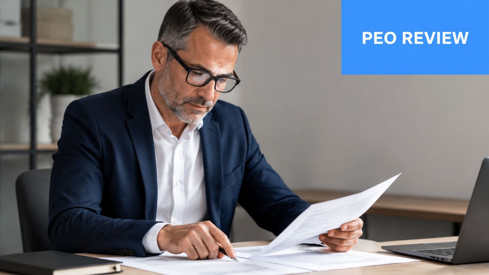 A professional man in a business suit reviewing important documents while sitting at his desk.