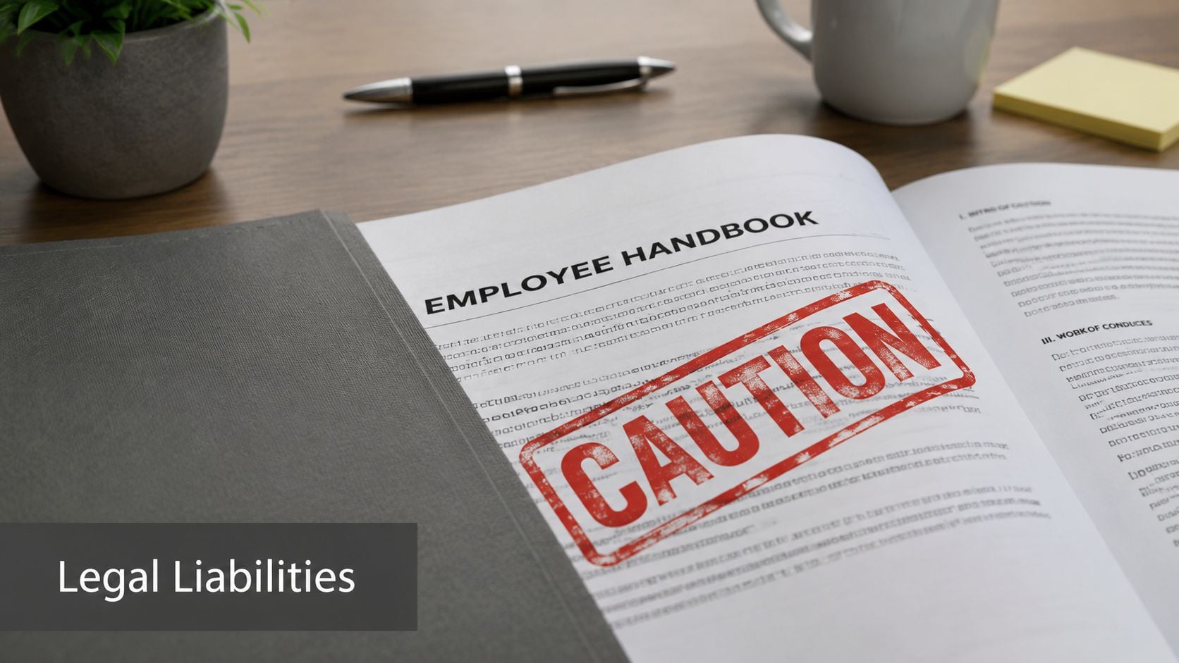An employee handbook lying on a desk with a large red caution stamp printed across the text.