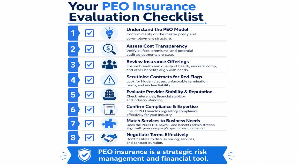 An infographic checklist for evaluating PEO insurance coverage with eight numbered steps for business risk management.