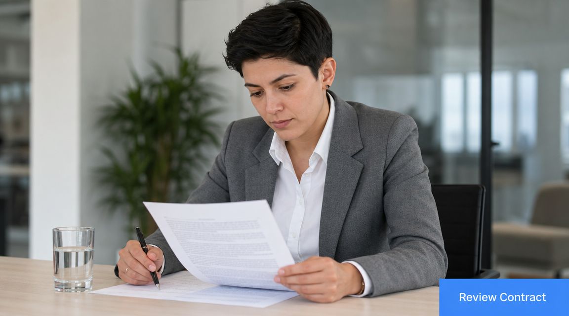 A professional woman in a suit reviewing a contract document while sitting at a desk.
