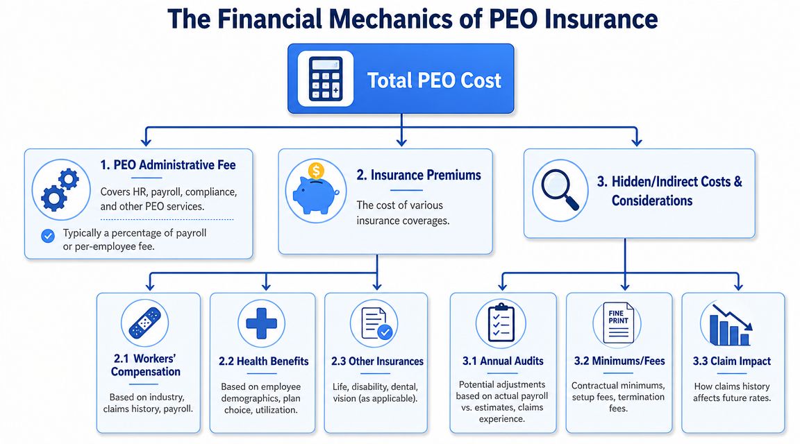 A diagram illustrating the financial components of PEO insurance, including administrative fees, insurance premiums, and indirect costs.