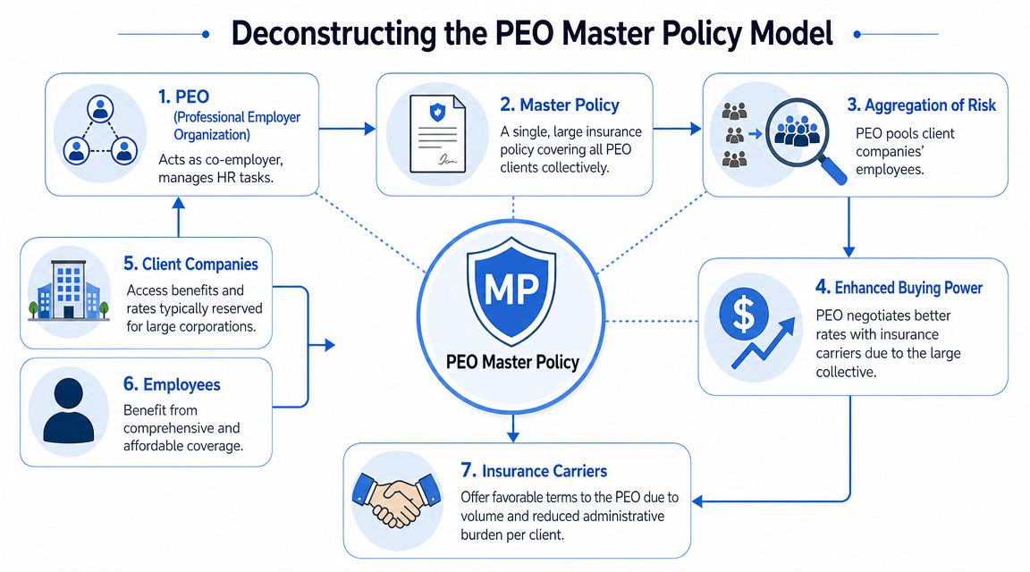 A diagram explaining the PEO Master Policy model for employee benefits, insurance coverage, and business risk aggregation.