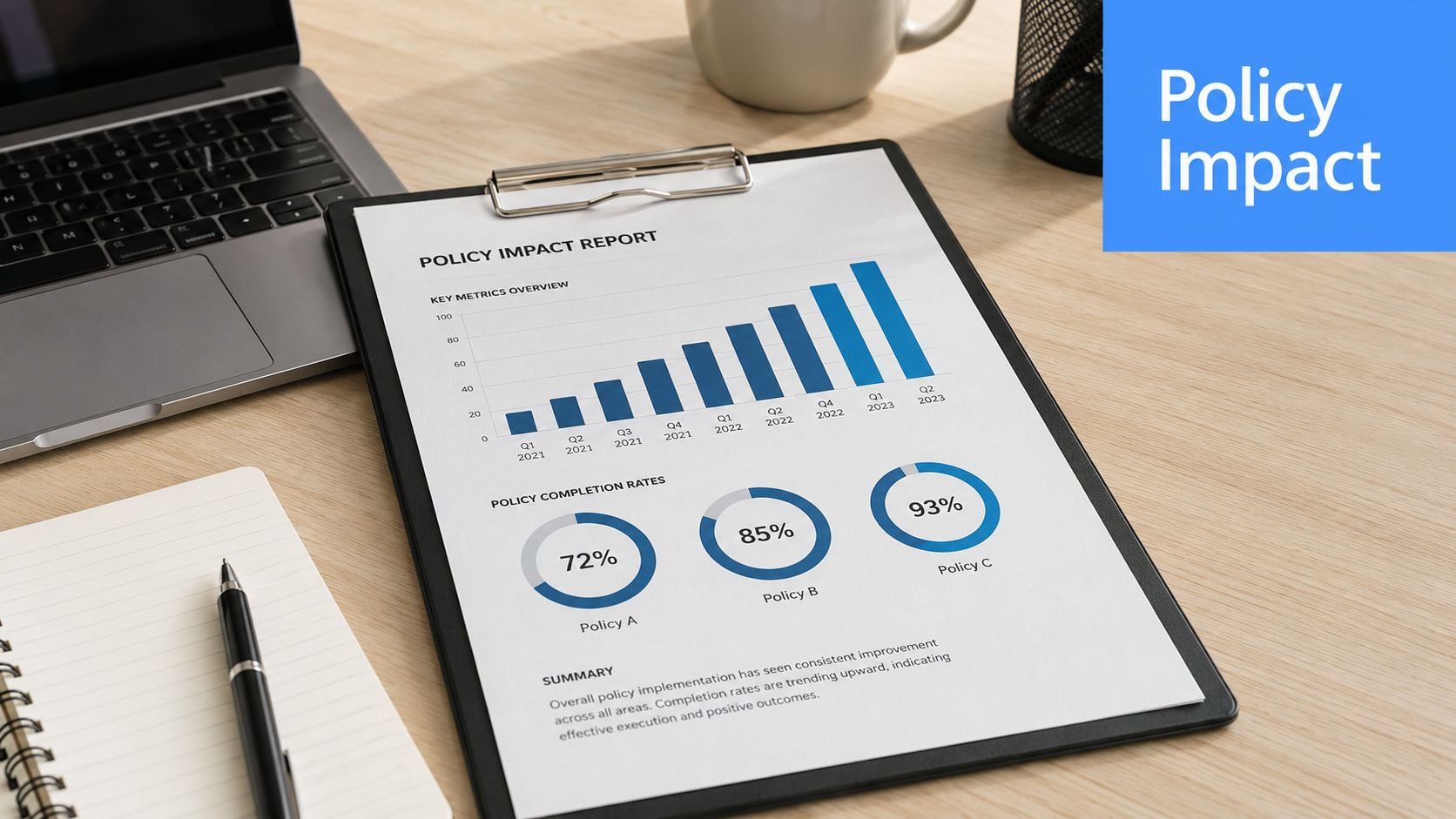 A clipboard showing a policy impact report with growth charts and completion rates on an office desk.