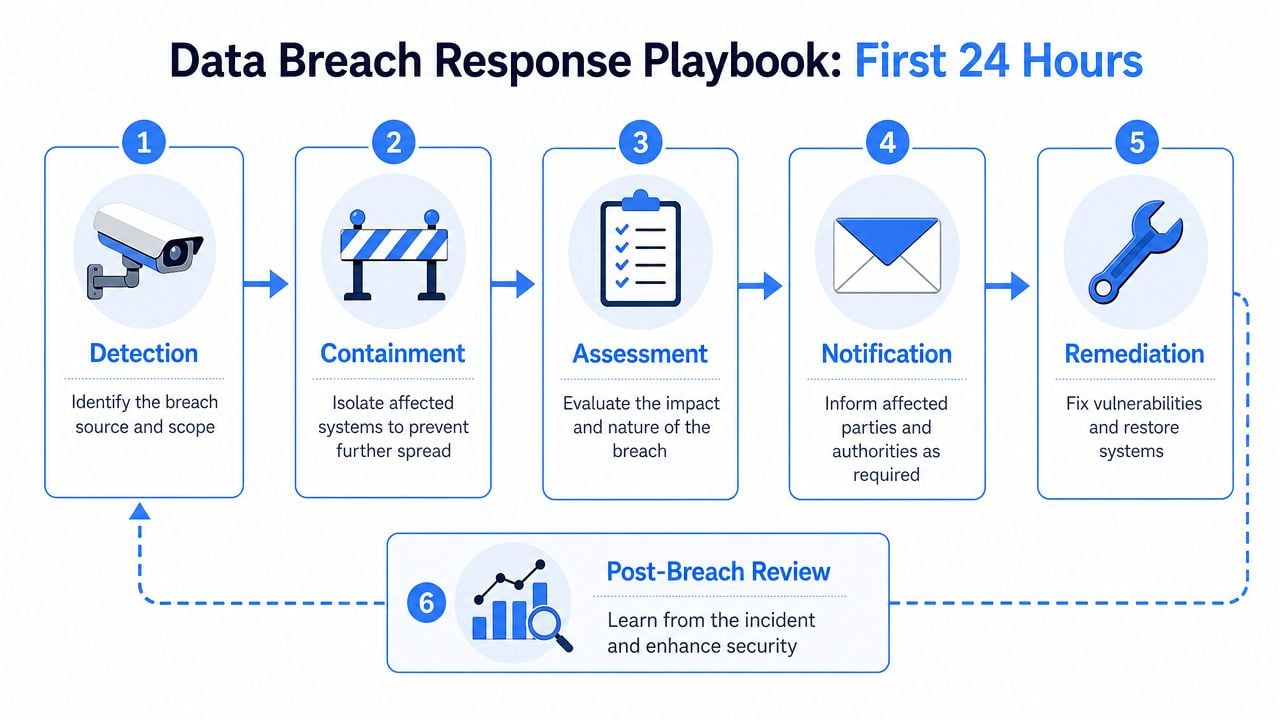 A data breach response playbook flow chart detailing the six steps taken within the first 24 hours.