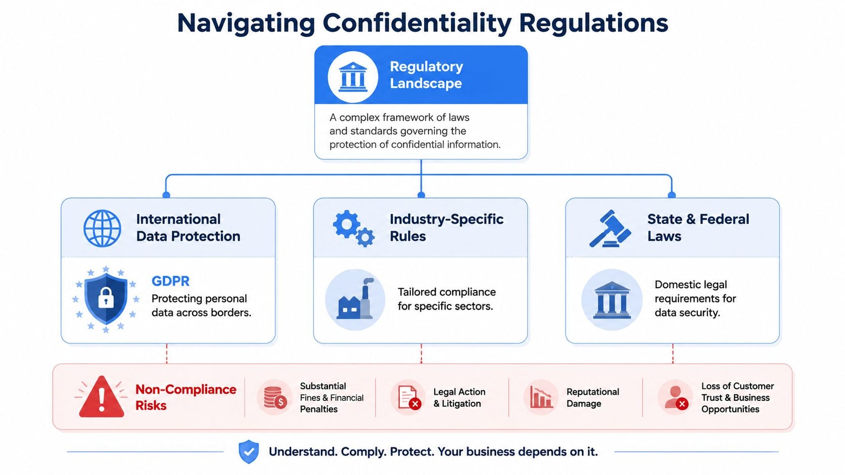 A flowchart diagram illustrating the regulatory landscape, international data protection, industry-specific rules, and non-compliance risks for businesses.