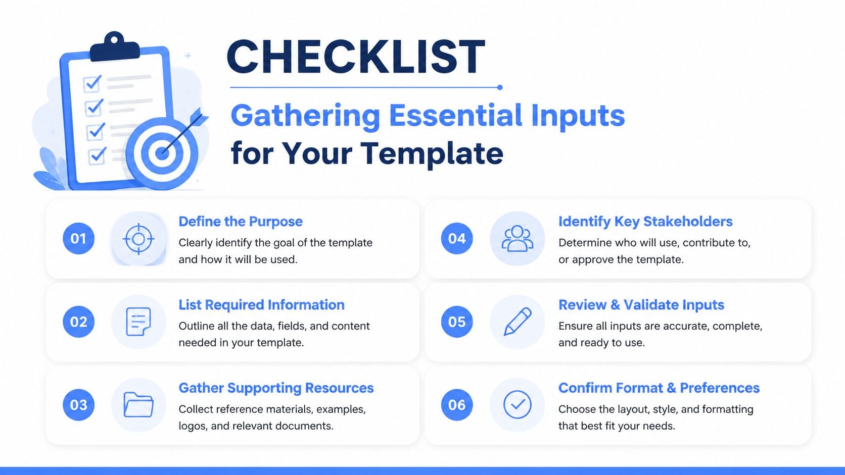A checklist infographic titled Gathering Essential Inputs for Your Template outlining six steps for project preparation.