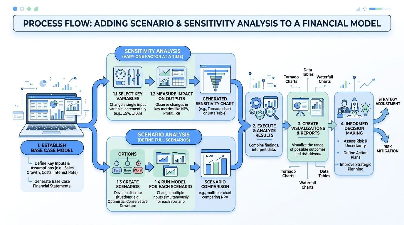 A flow chart illustrating steps for performing scenario and sensitivity analysis in financial modeling for business planning.