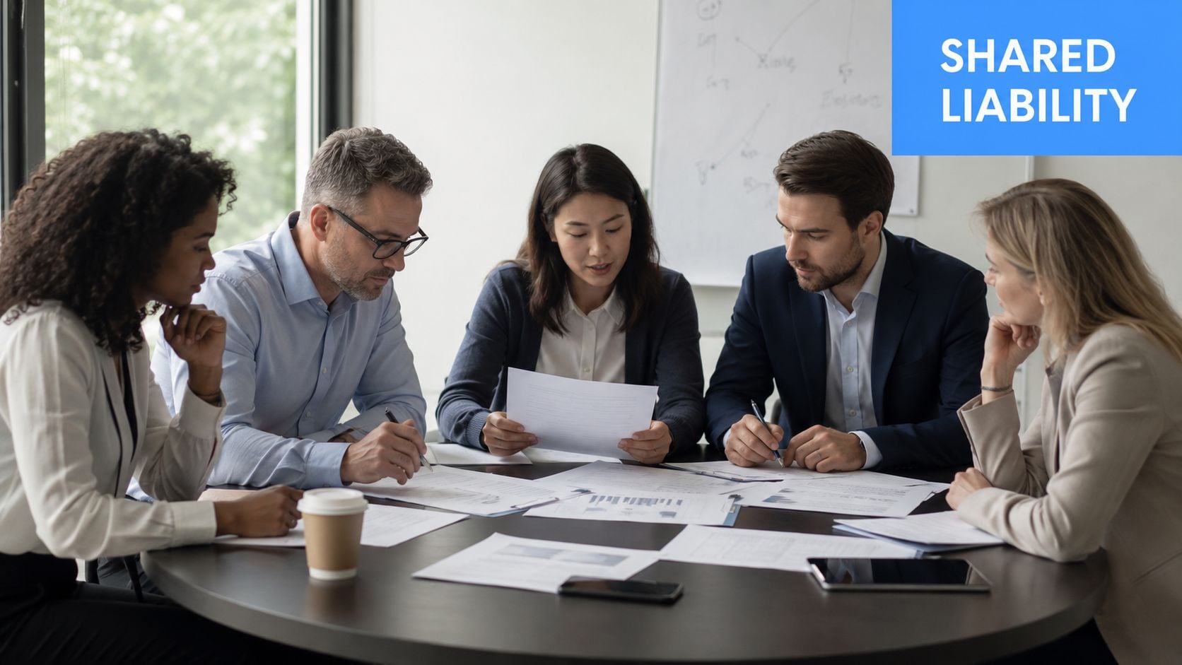 A professional team of diverse business people collaborating around a circular table in an office setting.