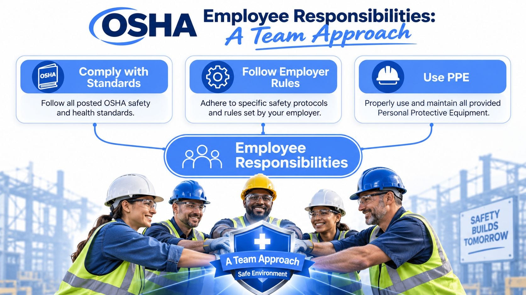 A diverse team of construction workers in safety gear presenting OSHA employee responsibilities in a team approach.