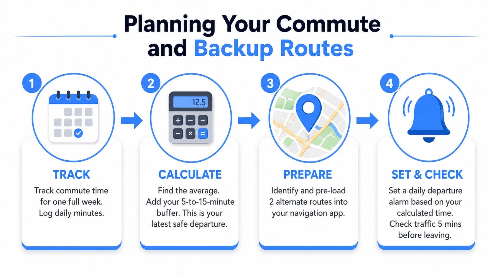 A four-step infographic illustrating a process for planning your daily commute and backup routes efficiently.