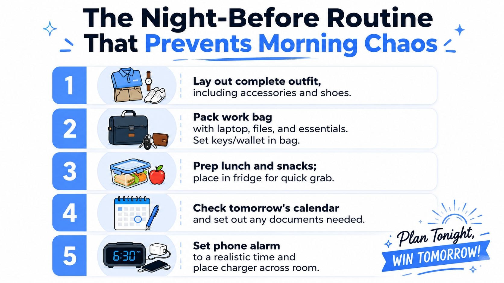 An infographic displaying five numbered tips for a night-before routine to ensure a smooth morning.