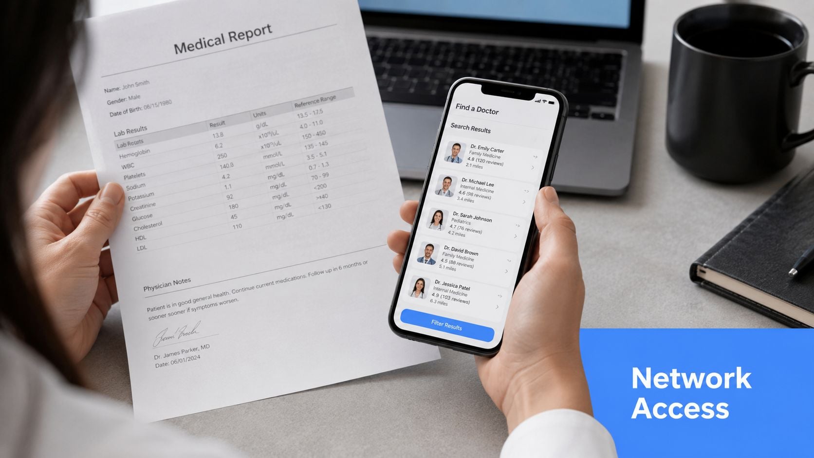 A person reviewing medical lab results on paper while searching for doctors on a smartphone app.