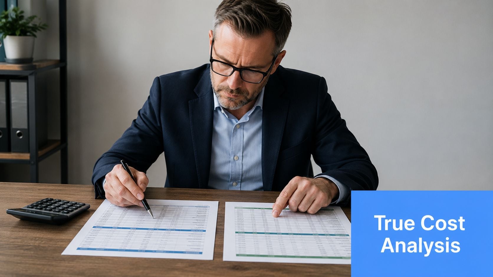 A professional man in a business suit reviewing financial spreadsheets at his desk in an office.