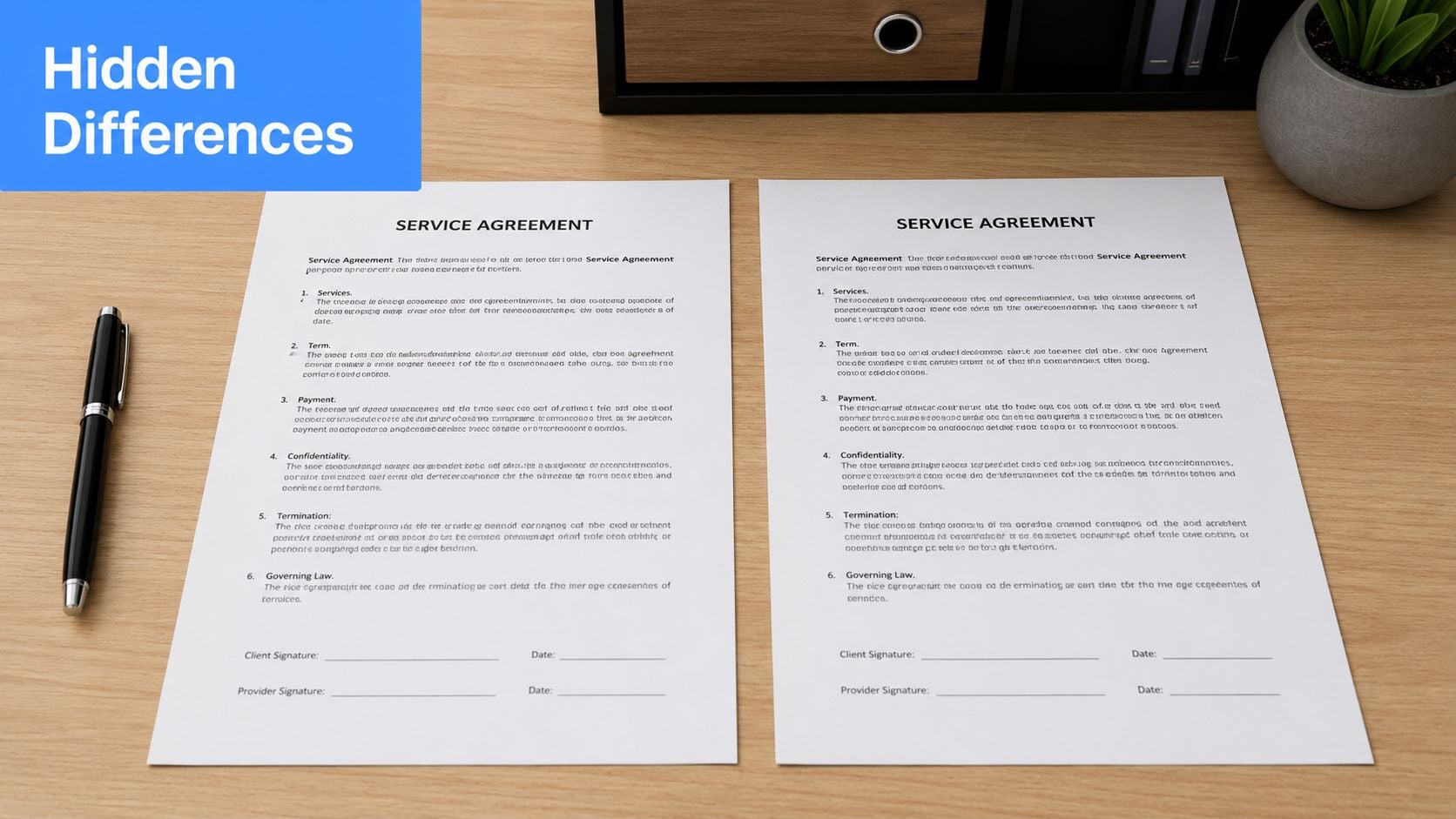 Two copies of a service agreement document placed side-by-side on a desk next to a pen.