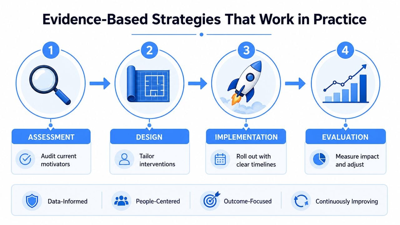 A four-step diagram showing evidence-based strategies including assessment, design, implementation, and evaluation to improve workforce motivation.