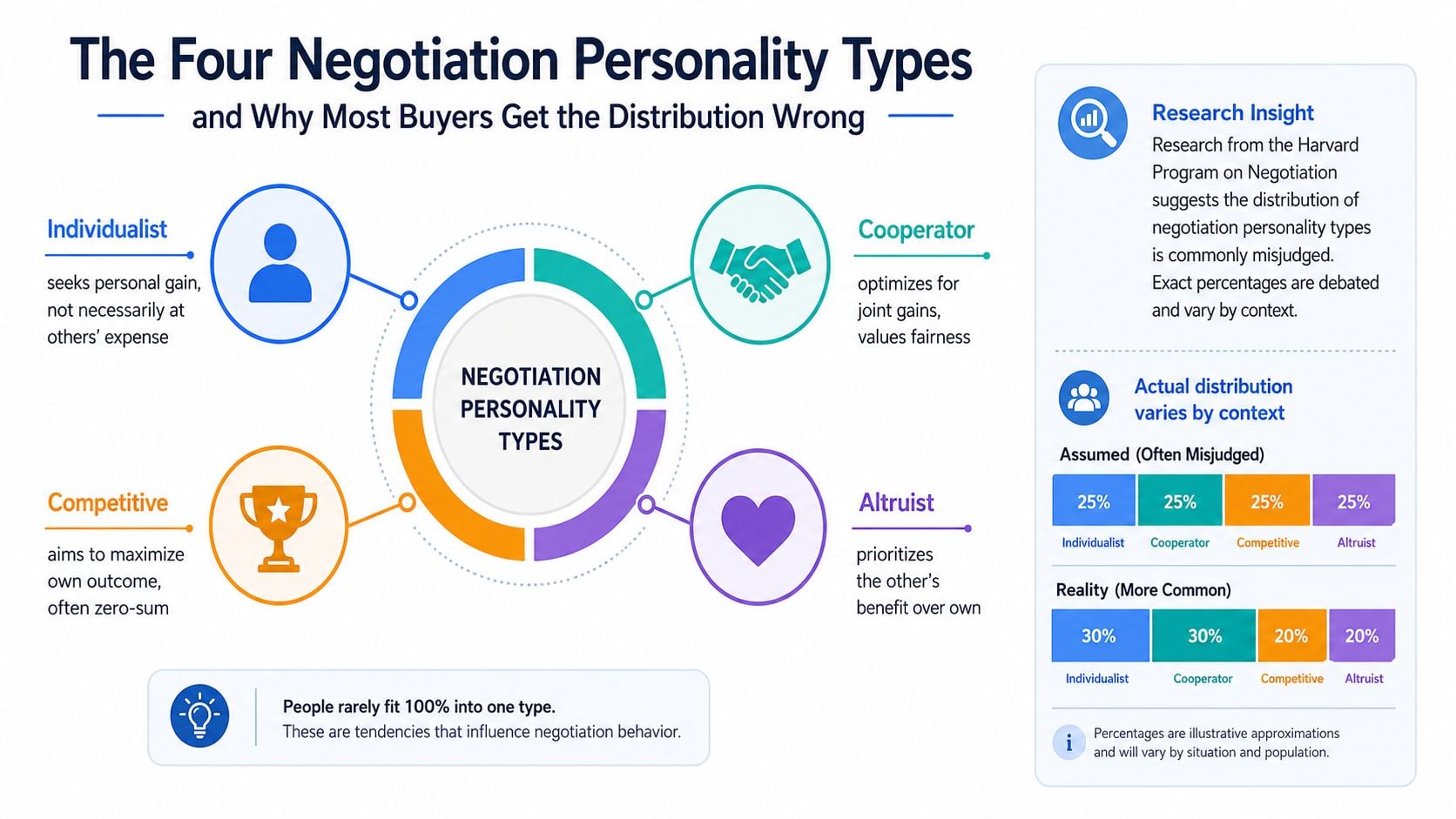 An infographic showing the four negotiation personality types: Individualist, Cooperator, Competitive, and Altruist, along with distribution data.