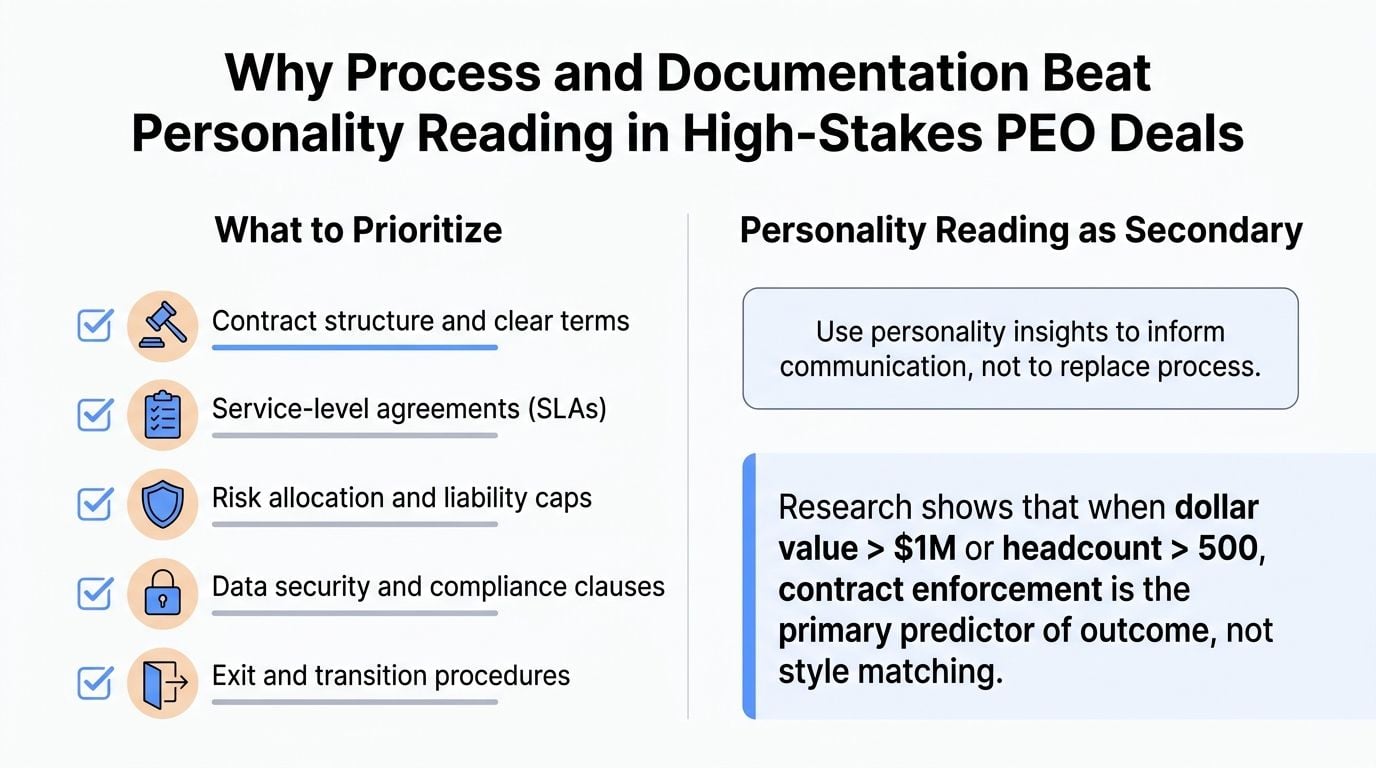 A graphic comparing process and documentation versus personality reading in high-stakes PEO negotiation deals.
