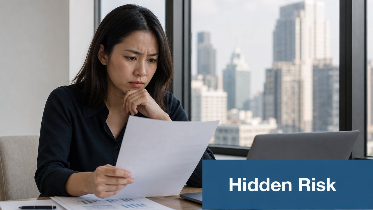 A focused woman reviews important financial documents at her desk in a modern city office setting.