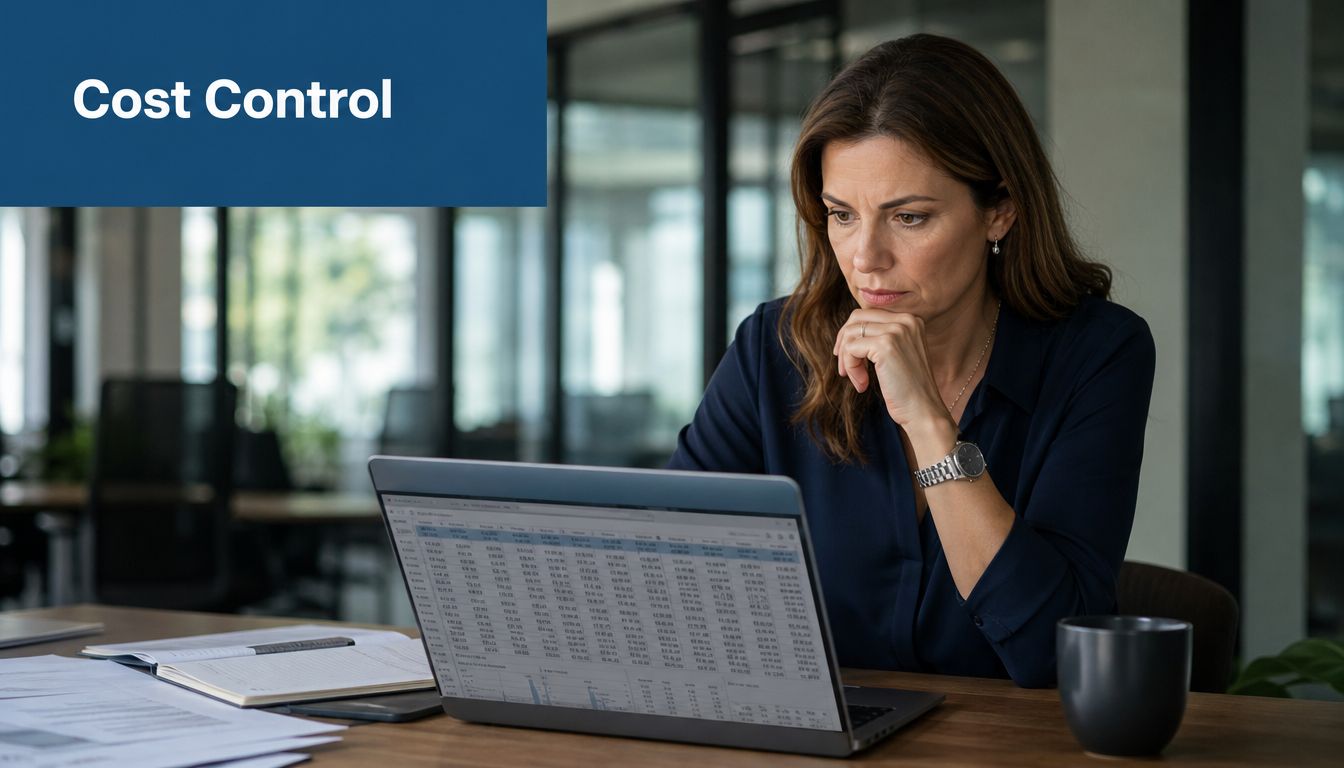 A professional woman in an office setting reviewing detailed financial data on her laptop computer screen.