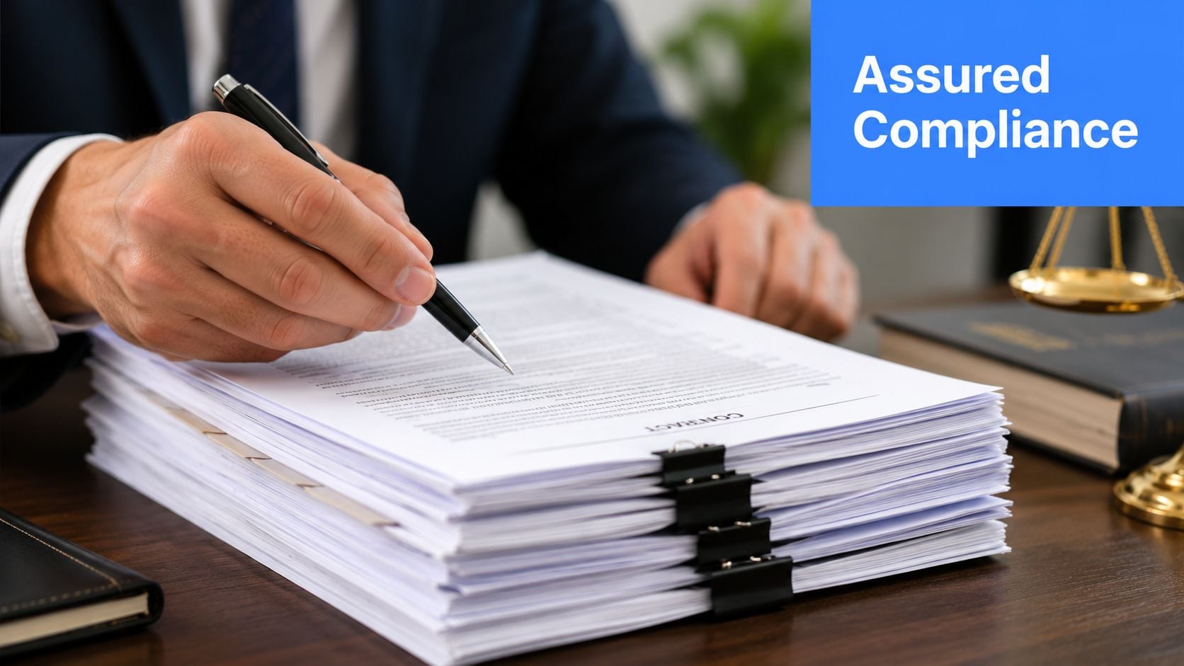 A professional in a suit reviewing and signing a large stack of legal contract documents at a desk.