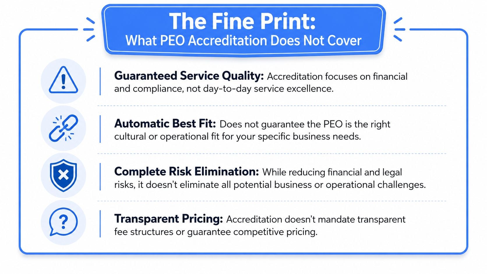 An infographic detailing the limitations of PEO accreditation, covering service quality, business fit, risk, and pricing transparency.