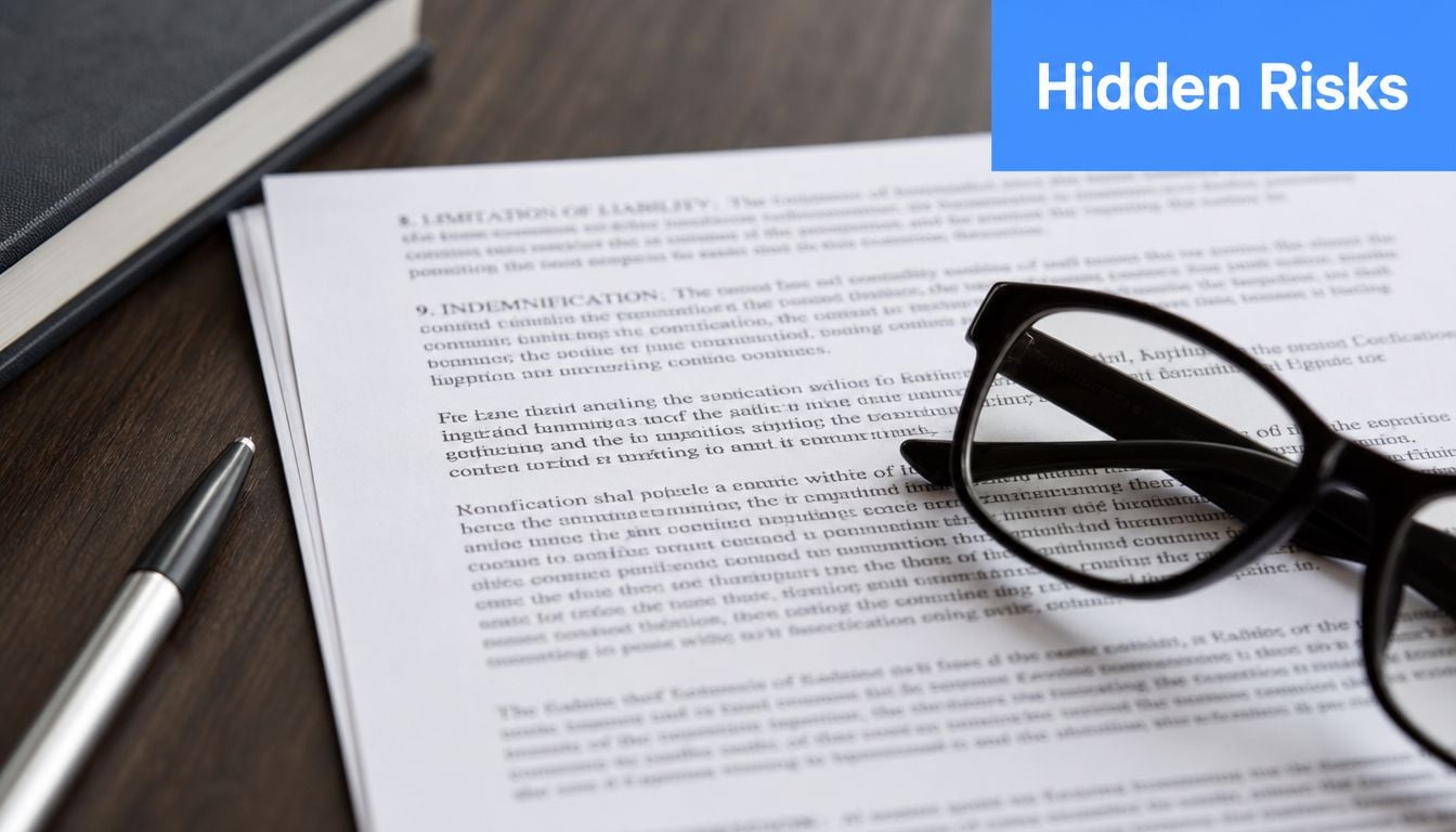 A document with legal text, glasses, and a pen on a desk, representing hidden contract risks.
