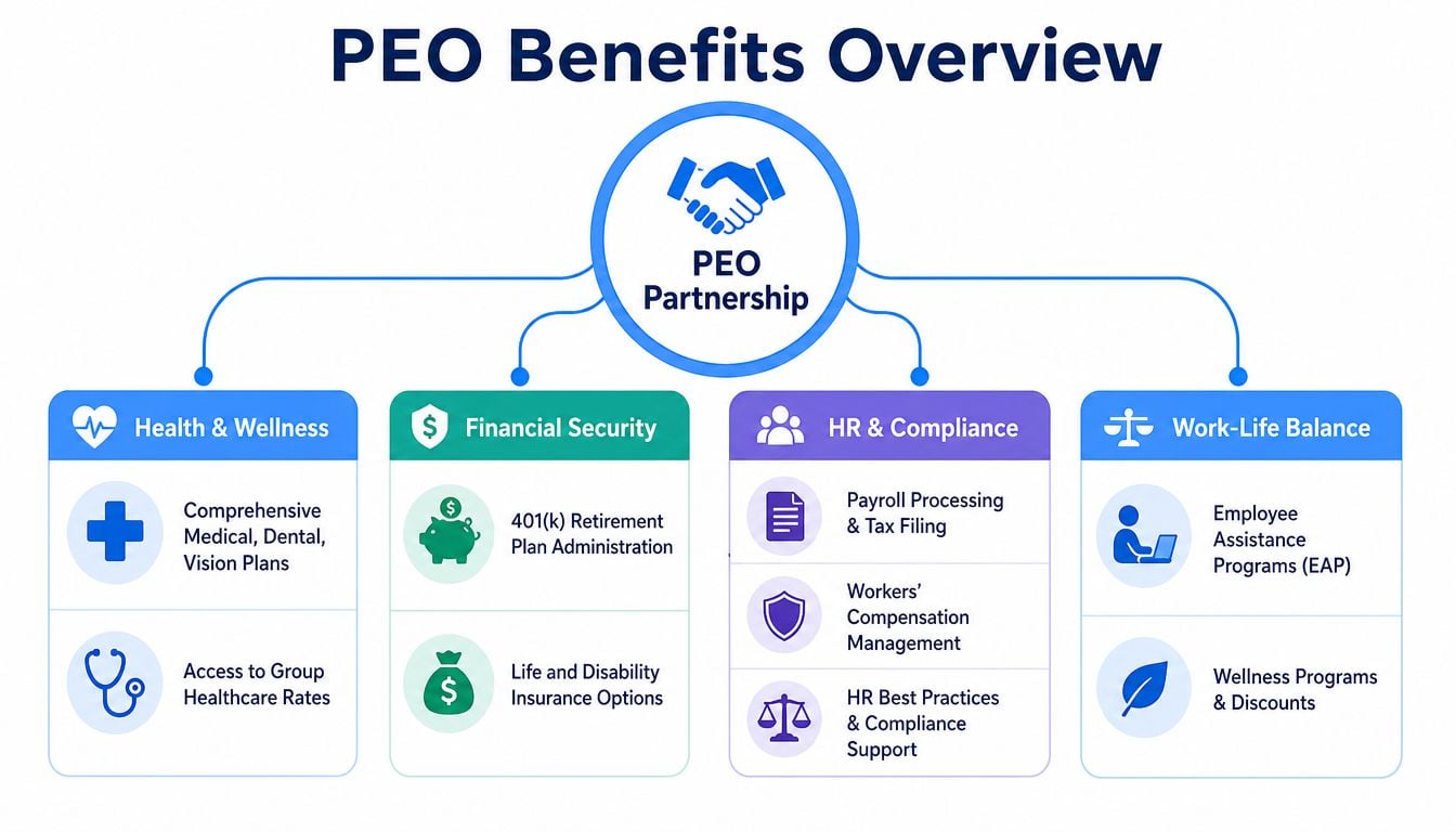 An infographic showing the core benefits of a PEO partnership, including health, financial, HR, and work-life balance support.